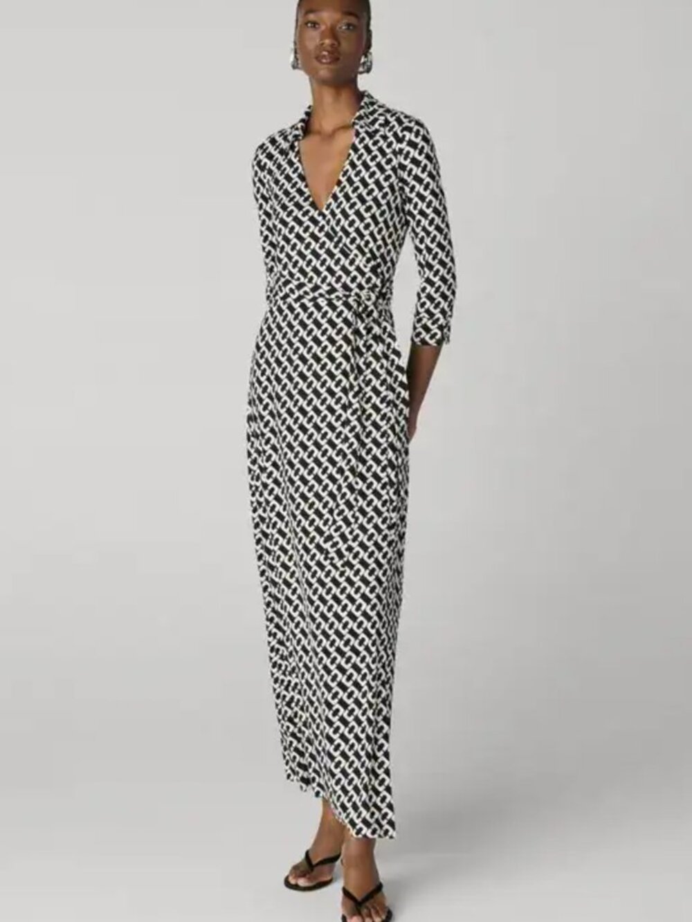 Diane von Furstenberg Abigail Silk Maxi Wrap Chain Link Dress Black White Sz 6
